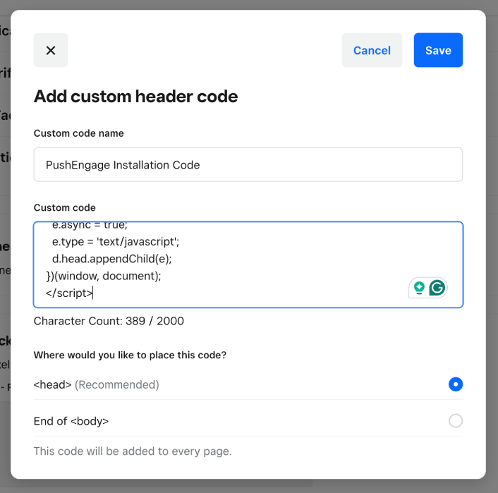 Add installation code to Weebly head